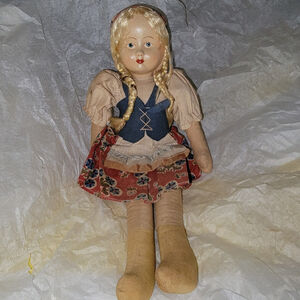 Antique Poland Rag Doll 1930’s 1940's Painted Face 12" Celluloid & Cloth